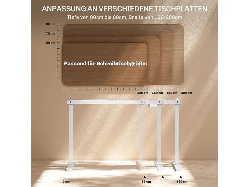 Bureau réglable en hauteur électrique, cadre avec 2 moteurs et commande mémoire, métal, blanc (83x45x118 cm)