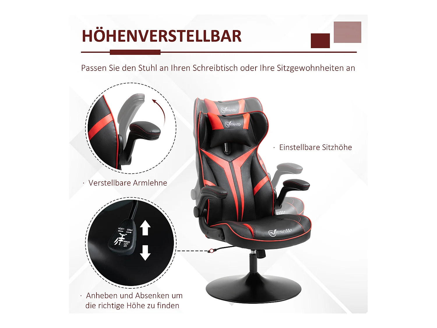 Chaise de gaming ergonomique avec fonction bascule, acier, noir et rouge (67x75x106-112 cm)
