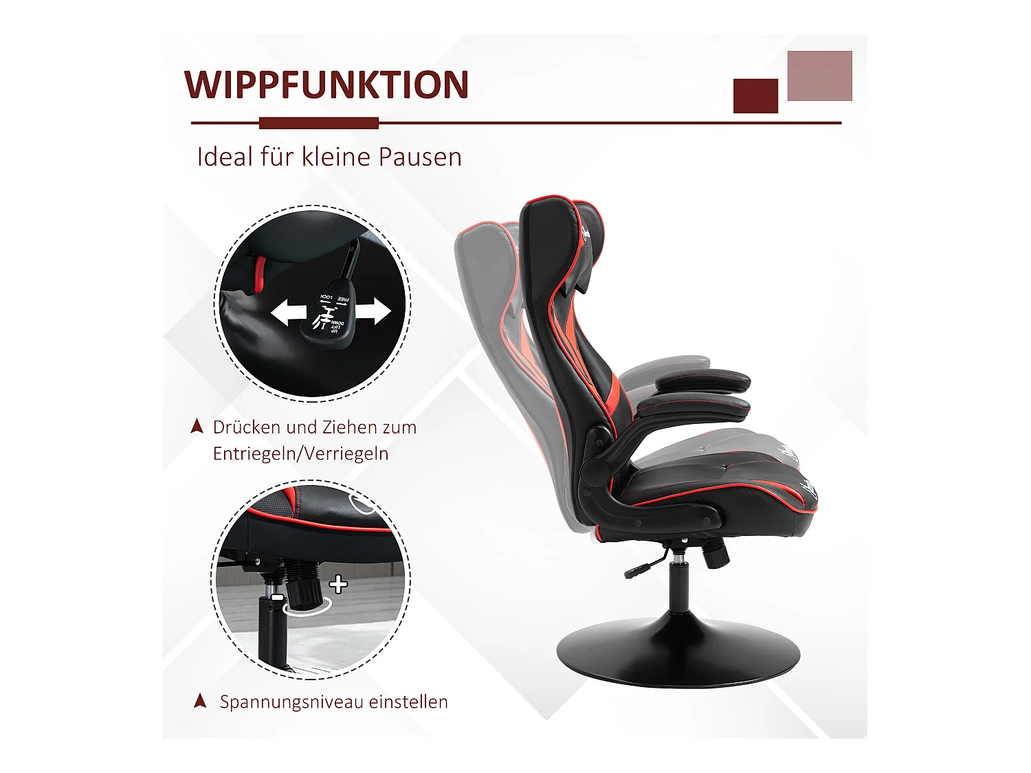 Chaise de gaming ergonomique avec fonction bascule, acier, noir et rouge (67x75x106-112 cm)