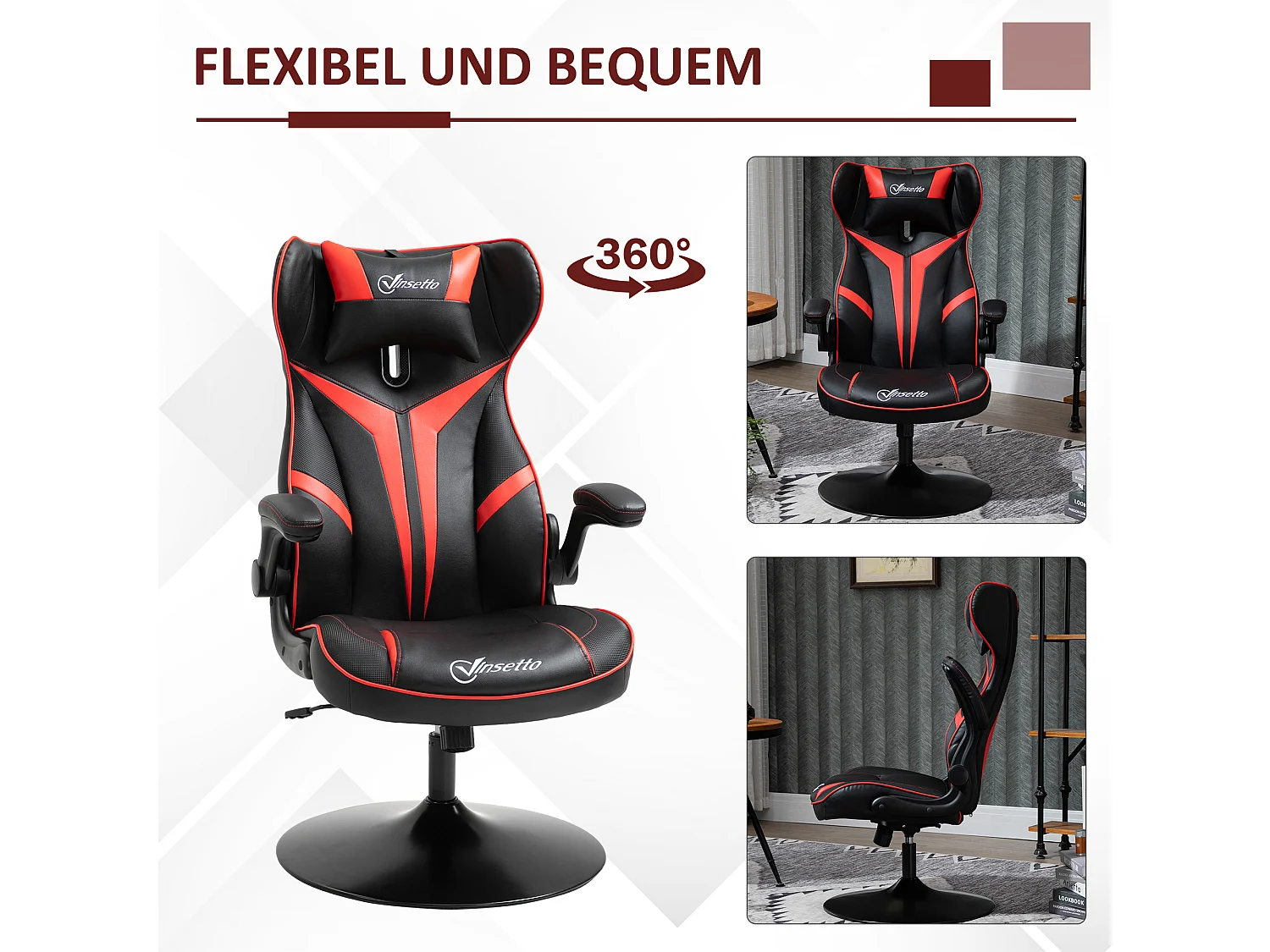 Chaise de gaming ergonomique avec fonction bascule, acier, noir et rouge (67x75x106-112 cm)