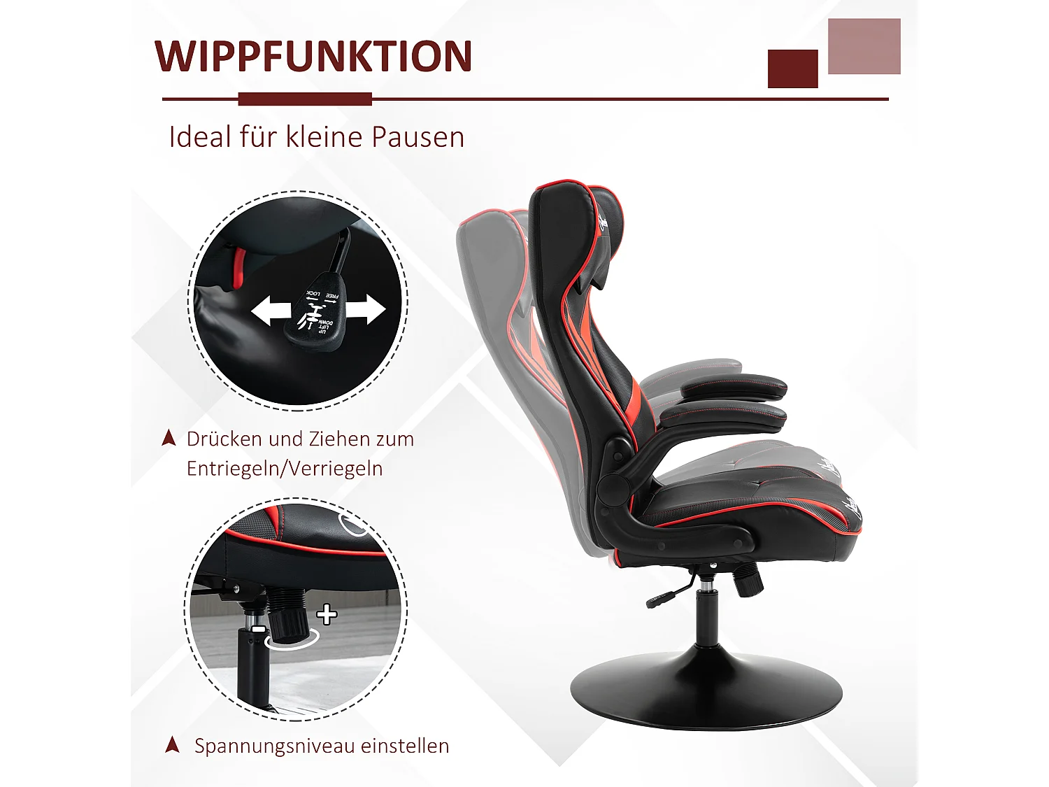 Ergonomische gaming stoel met schommelfunctie, staal, zwart en rood (67x75x106-112 cm)