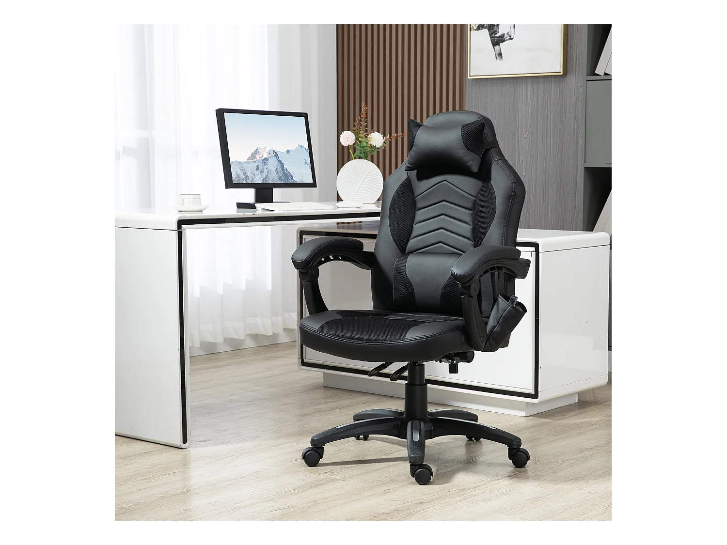 Fauteuil de gaming ergonomique avec fonction chauffante et 6 points de vibration, cuir synthétique, noir (68x69x108-117 cm)