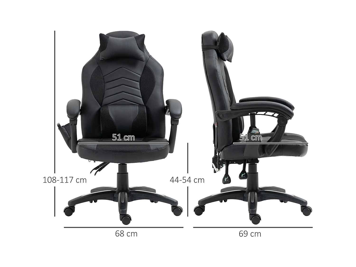 Fauteuil de gaming ergonomique avec fonction chauffante et 6 points de vibration, cuir synthétique, noir (68x69x108-117 cm)