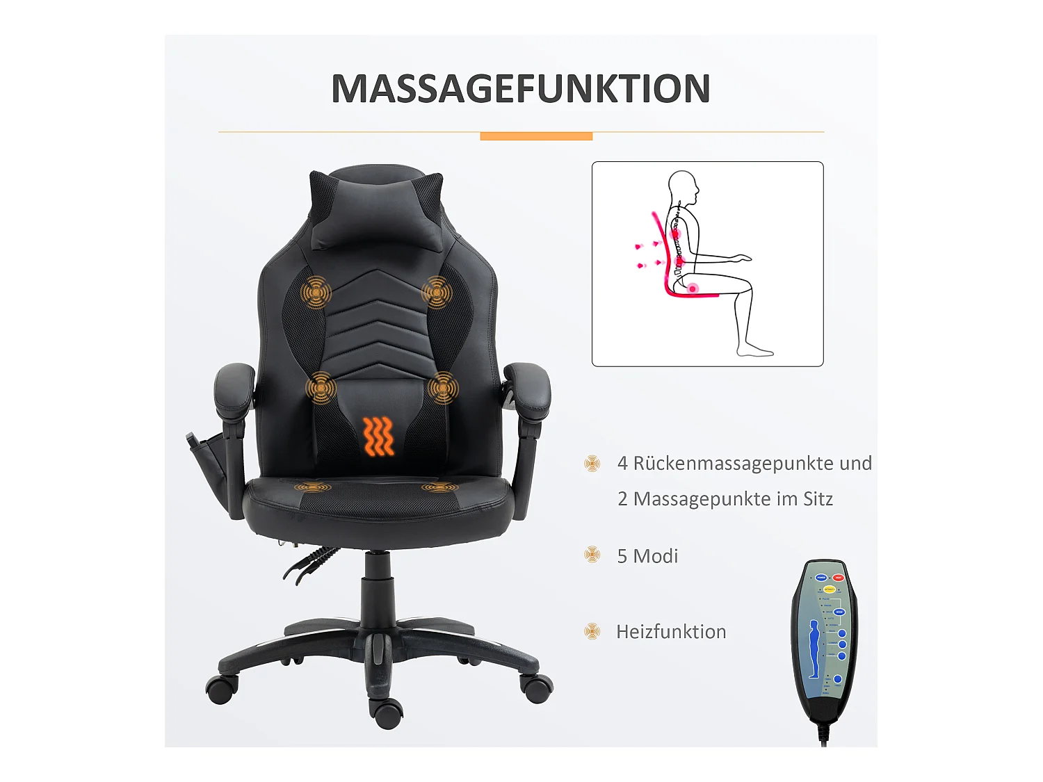 Fauteuil de gaming ergonomique avec fonction chauffante et 6 points de vibration, cuir synthétique, noir (68x69x108-117 cm)