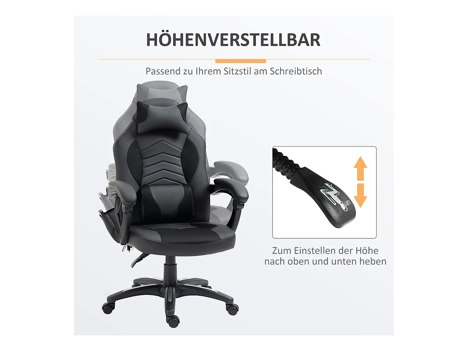 Fauteuil de gaming ergonomique avec fonction chauffante et 6 points de vibration, cuir synthétique, noir (68x69x108-117 cm)