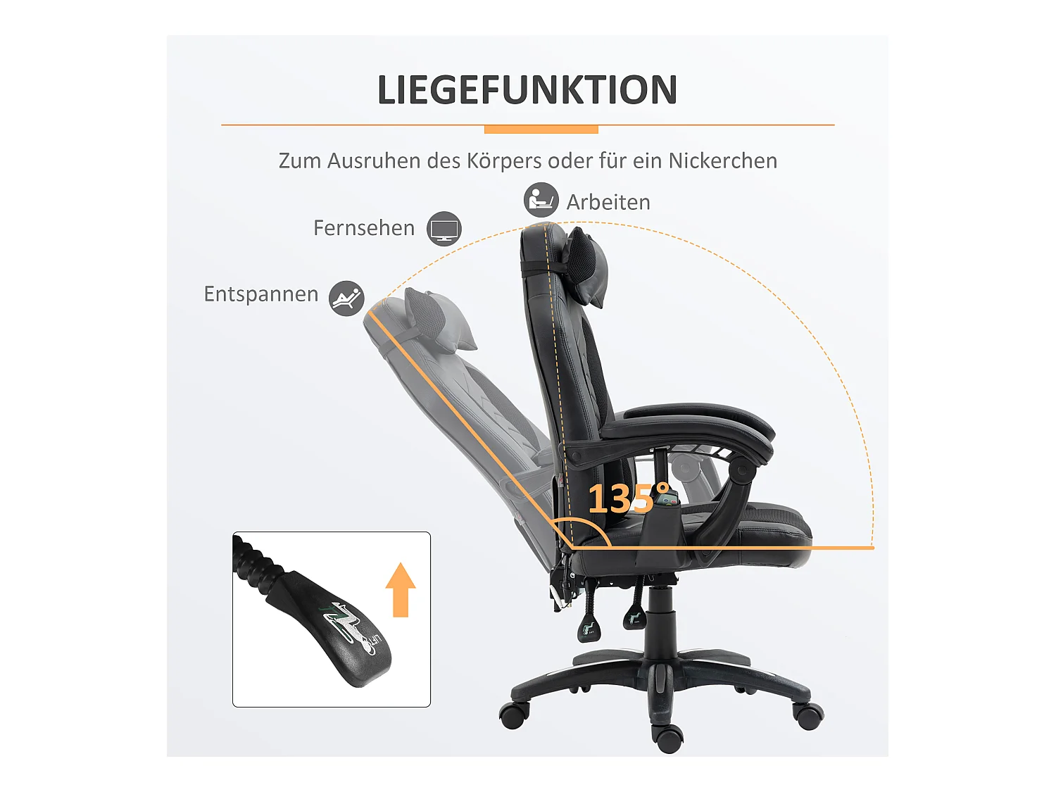 Fauteuil de gaming ergonomique avec fonction chauffante et 6 points de vibration, cuir synthétique, noir (68x69x108-117 cm)