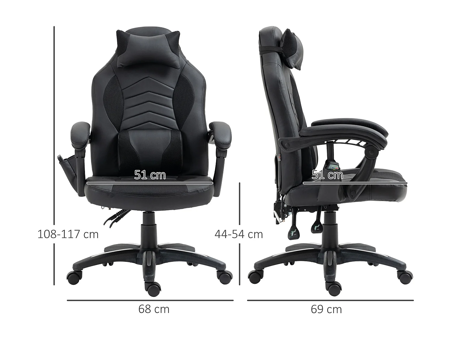 Ergonomische gamingstoel met verwarmingsfunctie en 6 vibratiepunten, synthetisch leer, zwart (68x69x108-117 cm)