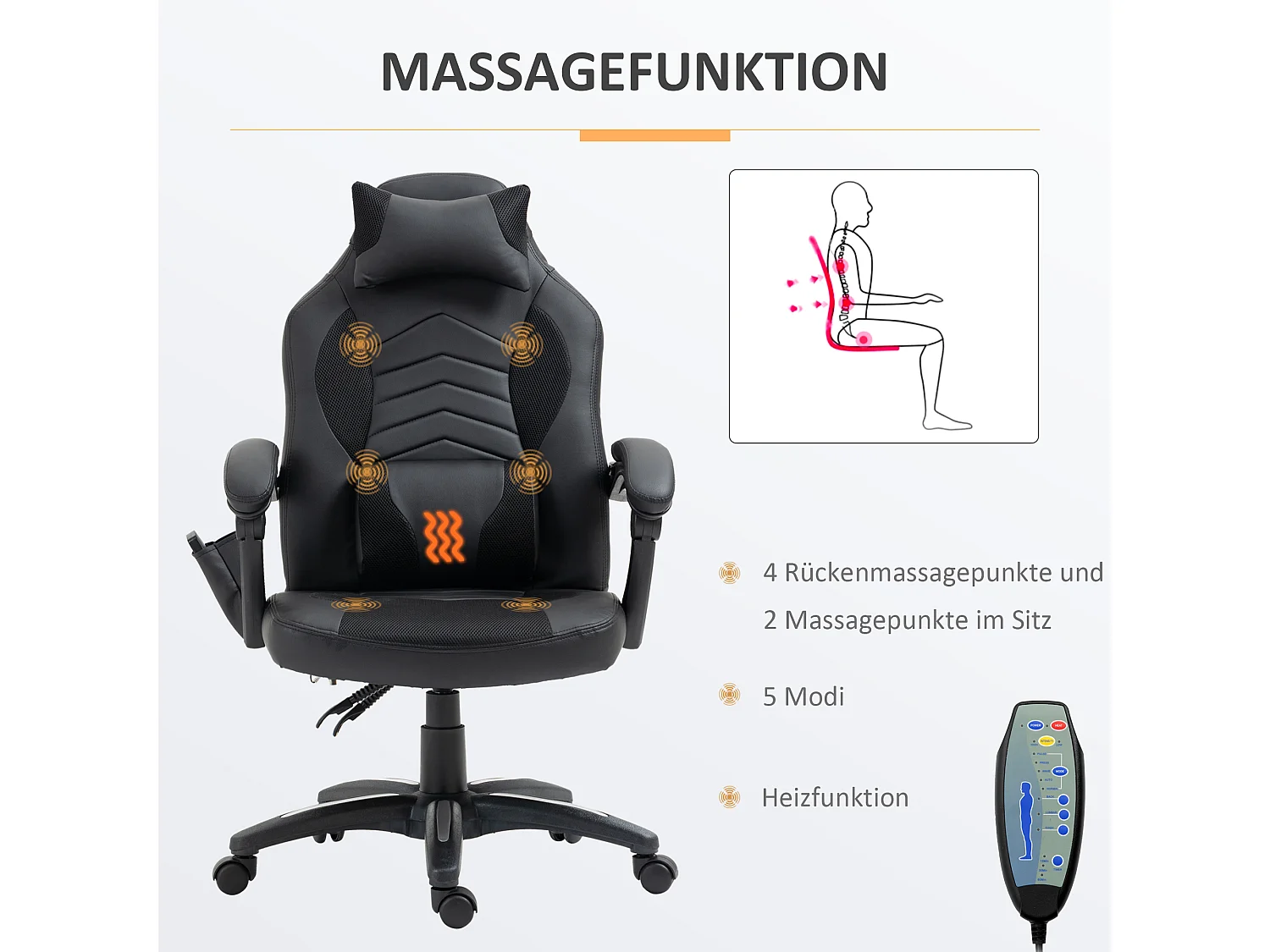 Ergonomische gamingstoel met verwarmingsfunctie en 6 vibratiepunten, synthetisch leer, zwart (68x69x108-117 cm)