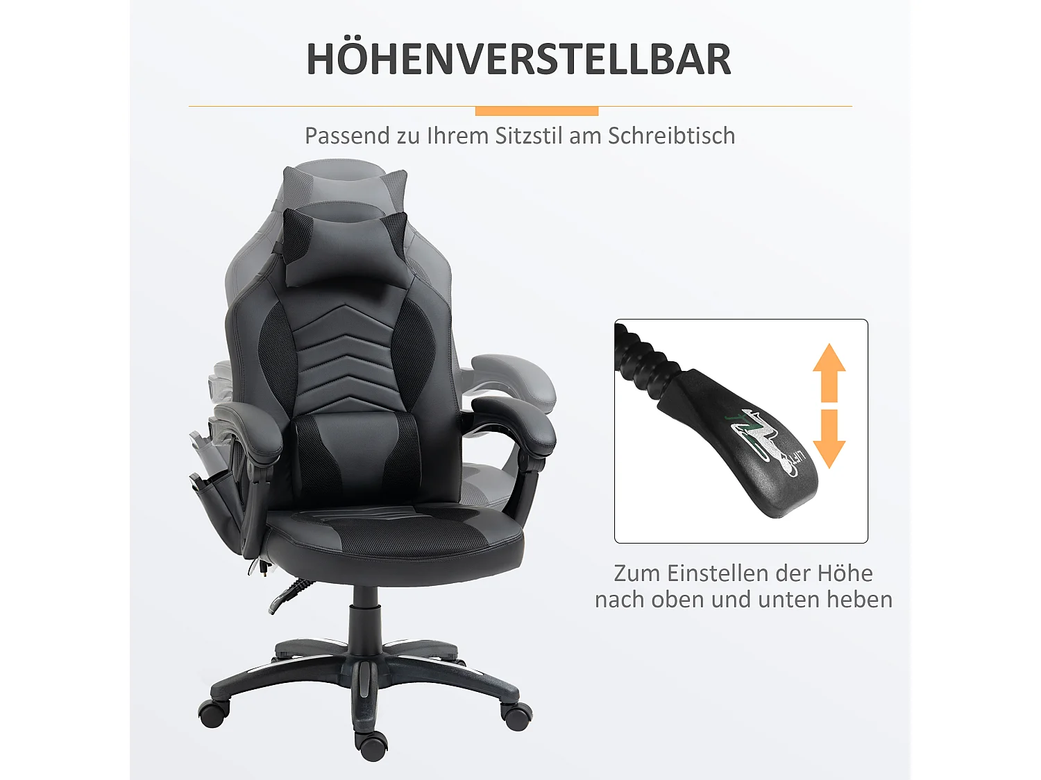 Ergonomische gamingstoel met verwarmingsfunctie en 6 vibratiepunten, synthetisch leer, zwart (68x69x108-117 cm)