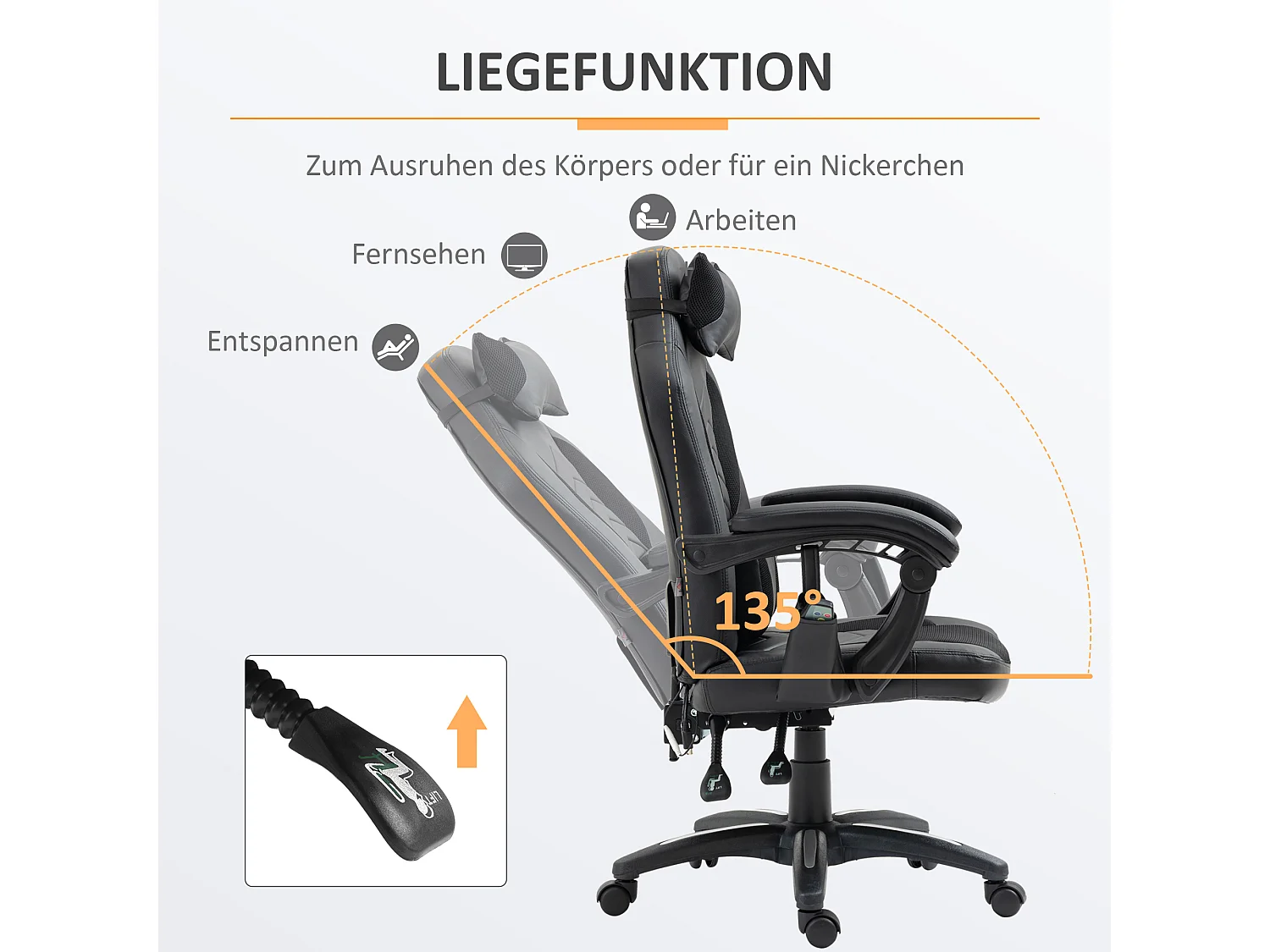 Ergonomische gamingstoel met verwarmingsfunctie en 6 vibratiepunten, synthetisch leer, zwart (68x69x108-117 cm)