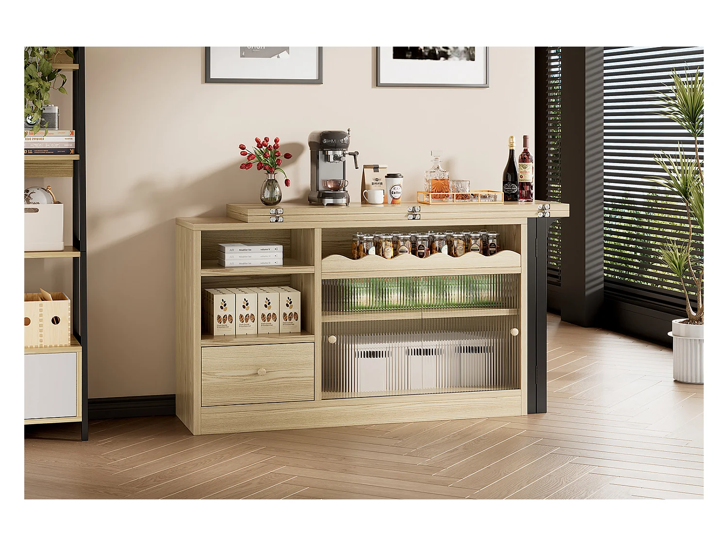 Table à manger extensible avec rangement, design moderne, MDF et métal, Naturel et Noir (90x52.07x26.67 cm)