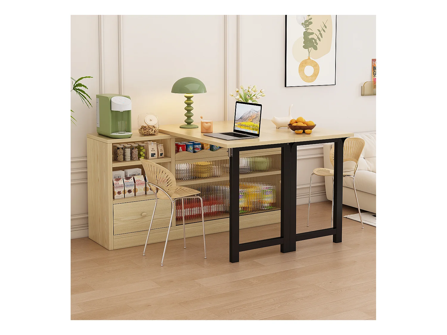 Table à manger extensible avec rangement, design moderne, MDF et métal, Naturel et Noir (90x52.07x26.67 cm)