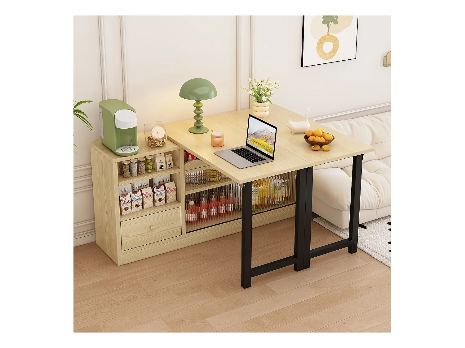 Table à manger extensible avec rangement, design moderne, MDF et métal, Naturel et Noir (90x52.07x26.67 cm)