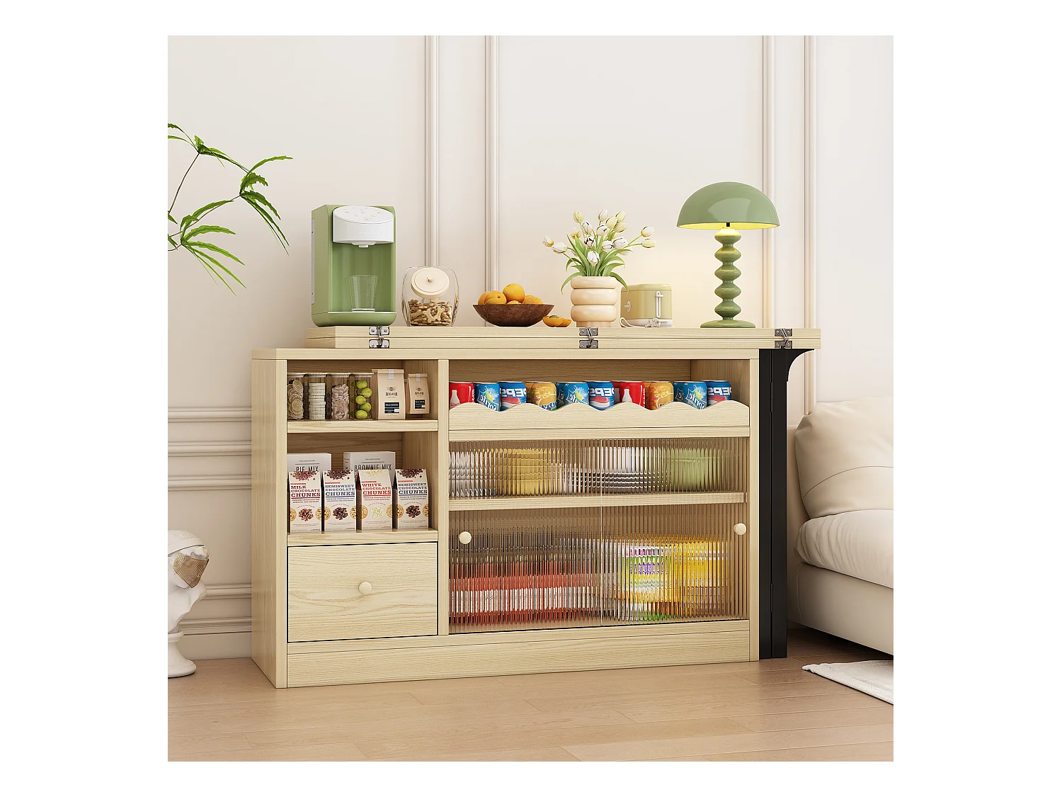 Table à manger extensible avec rangement, design moderne, MDF et métal, Naturel et Noir (90x52.07x26.67 cm)