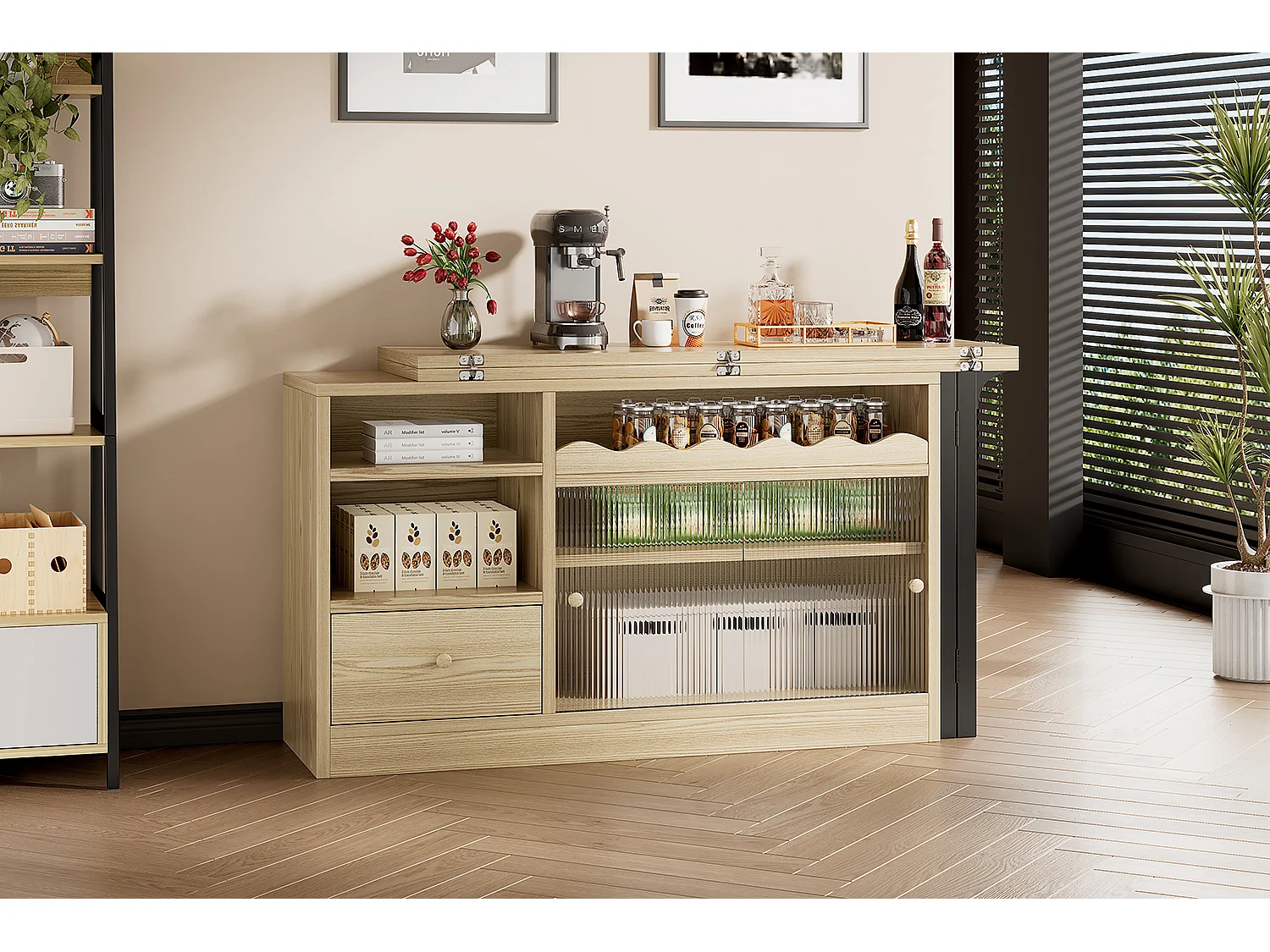 Table à manger extensible avec rangement, design moderne, MDF et métal, Naturel et Noir (90x52.07x26.67 cm)