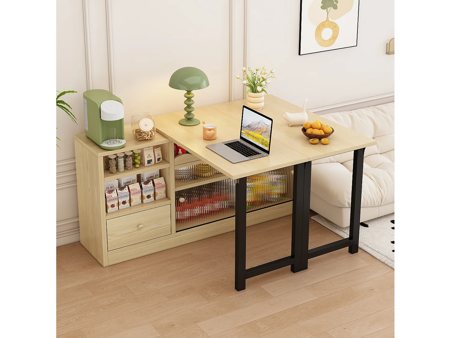 Table à manger extensible avec rangement, design moderne, MDF et métal, Naturel et Noir (90x52.07x26.67 cm)