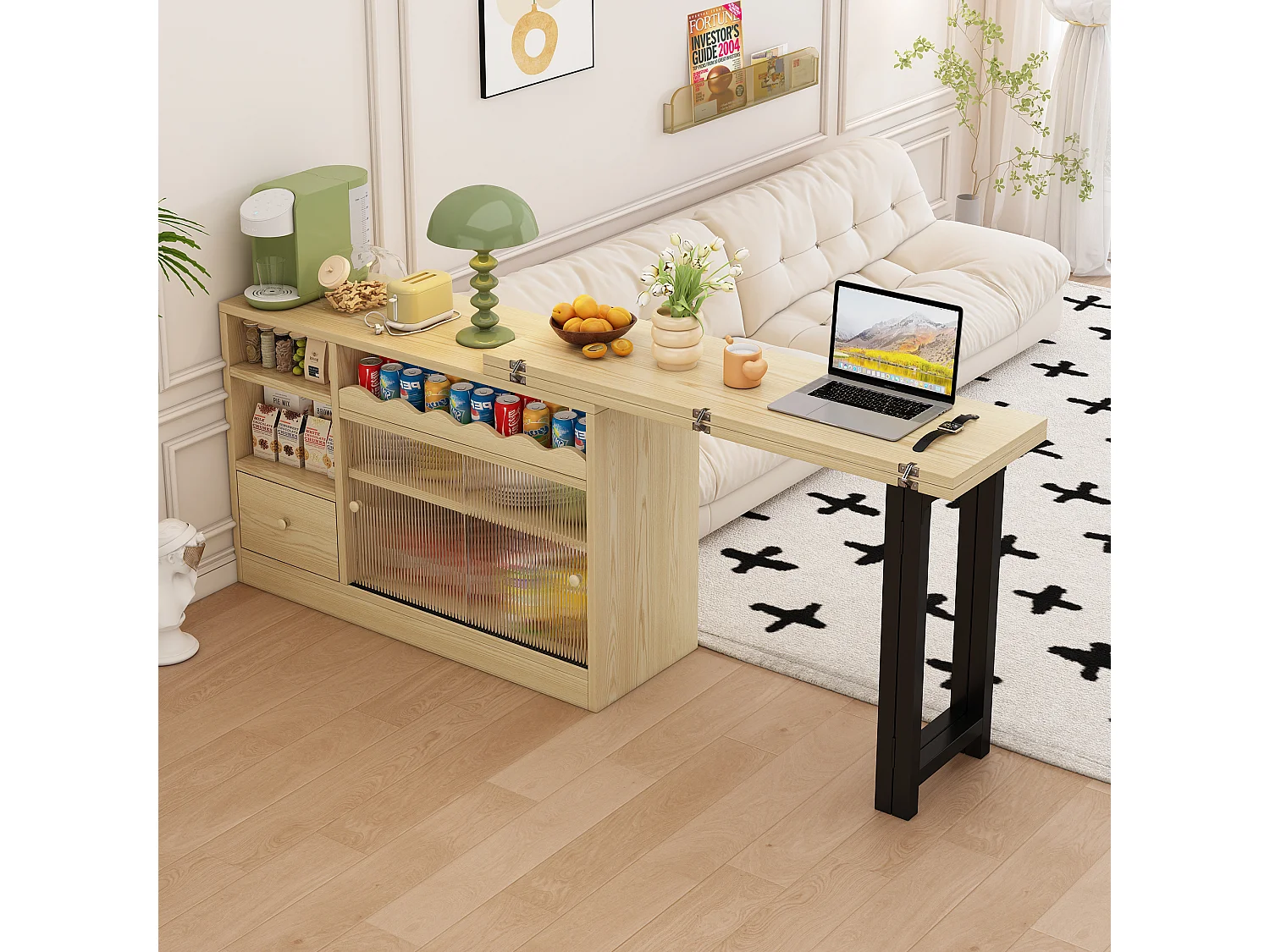 Table à manger extensible avec rangement, design moderne, MDF et métal, Naturel et Noir (90x52.07x26.67 cm)