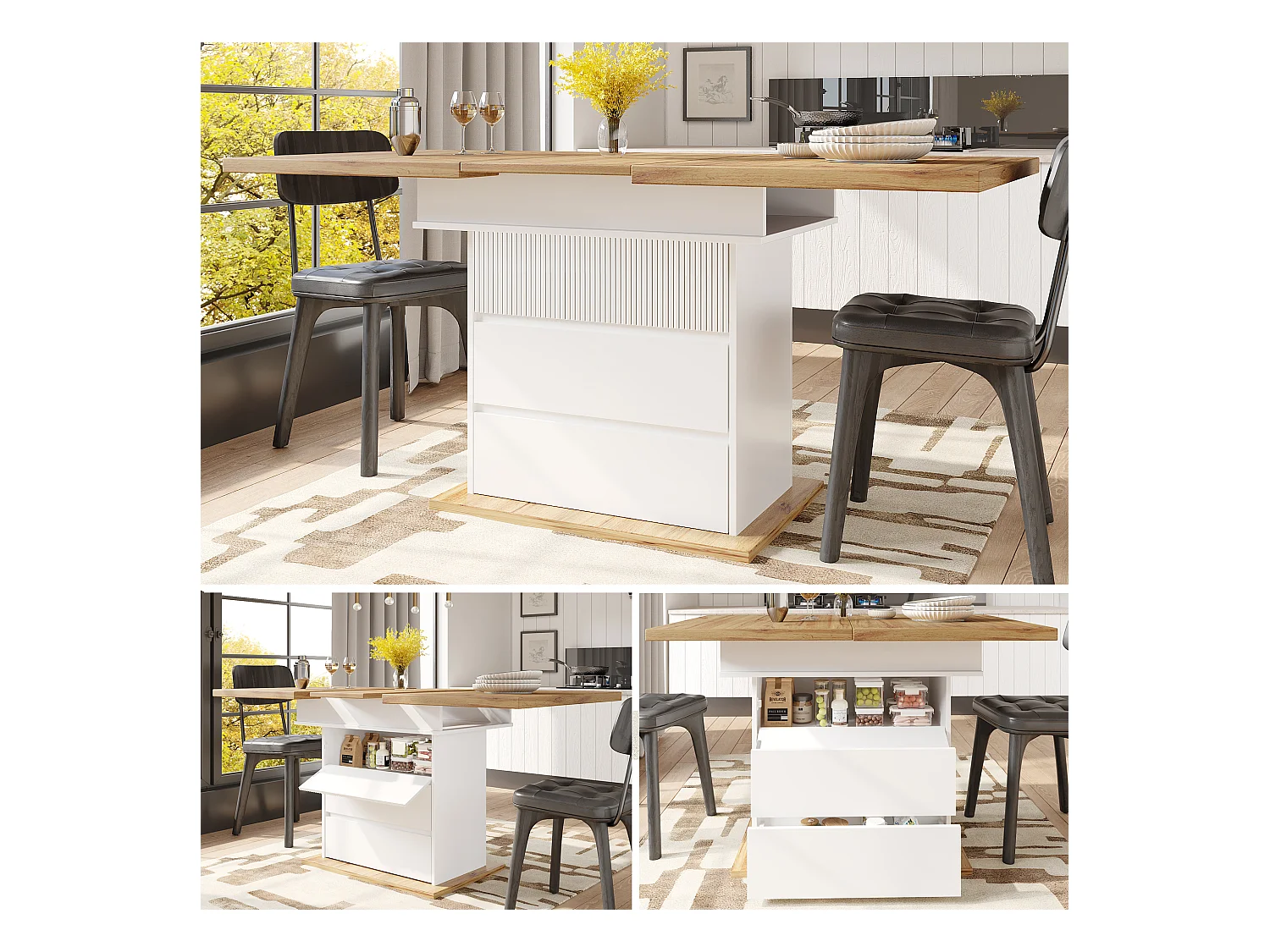Table à manger télescopique (110-140x80 cm), table pliante pour 4-6 personnes, extensible, gain de place avec trois niveaux de rangement en blanc (110-140x80x75 cm)