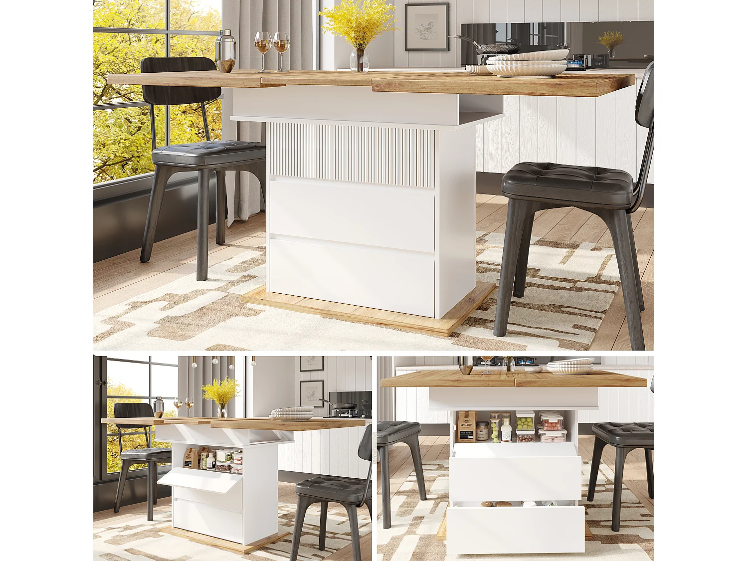 Table à manger télescopique (110-140x80 cm), table pliante pour 4-6 personnes, extensible, gain de place avec trois niveaux de rangement en blanc (110-140x80x75 cm)