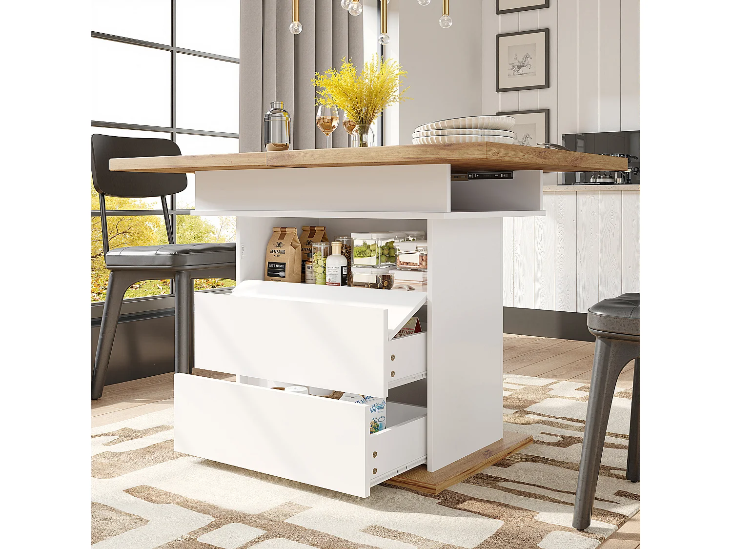 Table à manger télescopique (110-140x80 cm), table pliante pour 4-6 personnes, extensible, gain de place avec trois niveaux de rangement en blanc (110-140x80x75 cm)