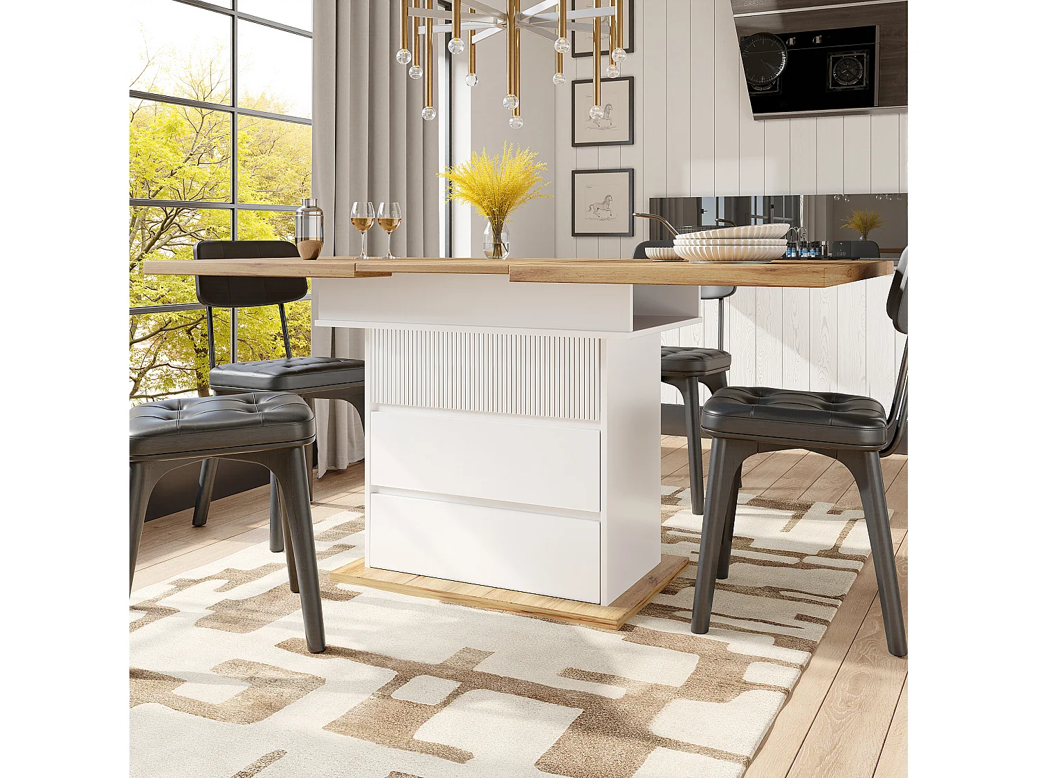 Table à manger télescopique (110-140x80 cm), table pliante pour 4-6 personnes, extensible, gain de place avec trois niveaux de rangement en blanc (110-140x80x75 cm)