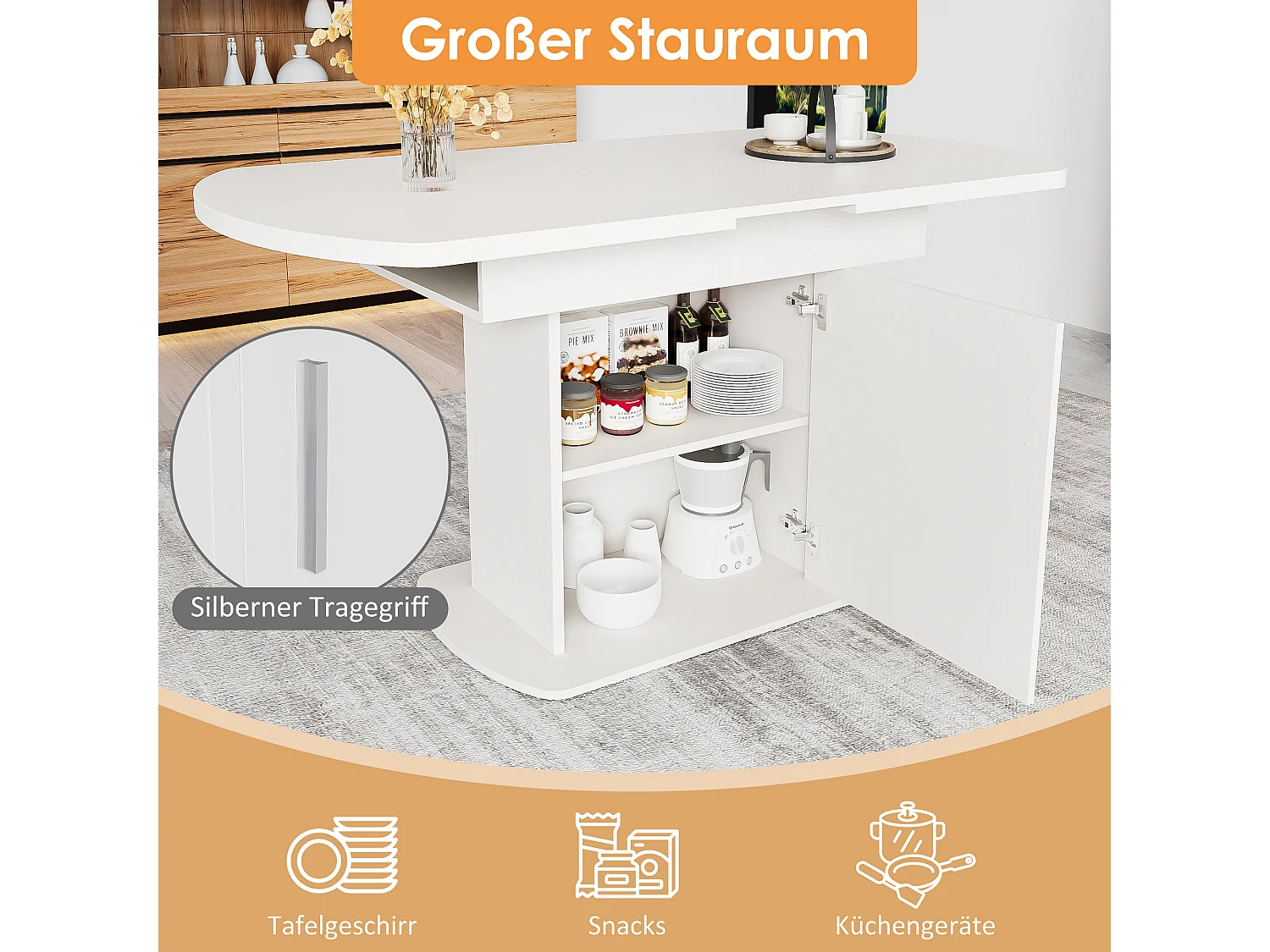 Ovale uitschuifbare eettafel met opbergruimte, modern design, spaanplaat, wit en zilver, (L110/130xB70xH75 cm)