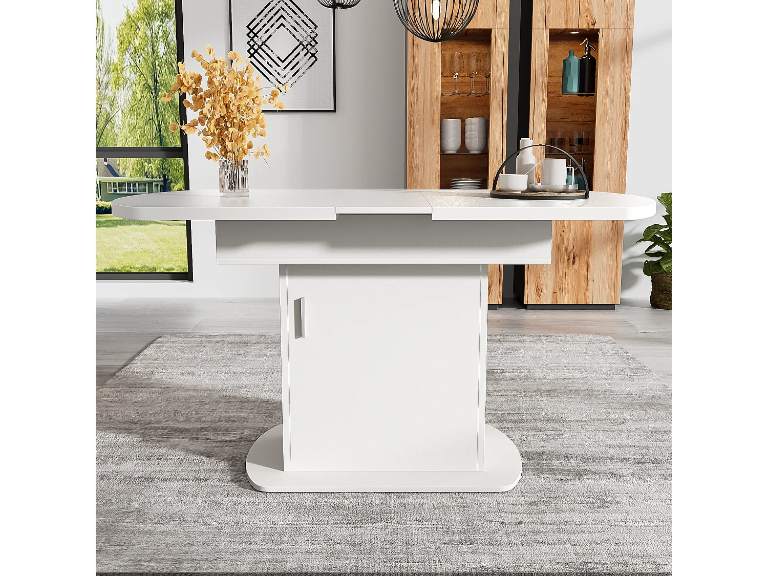 Table à Manger Extensible Ovale, avec rangement, design moderne, panneau de particules, blanc et argent, (L110/130xW70xH75 cm)