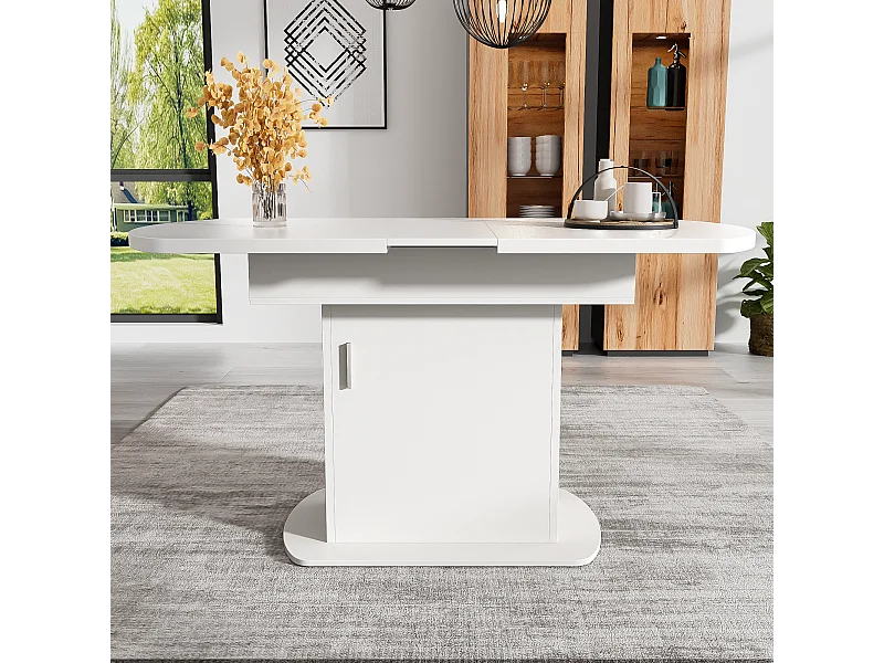 Table à Manger Extensible Ovale, avec rangement, design moderne, panneau de particules, blanc et argent, (L110/130xW70xH75 cm)
