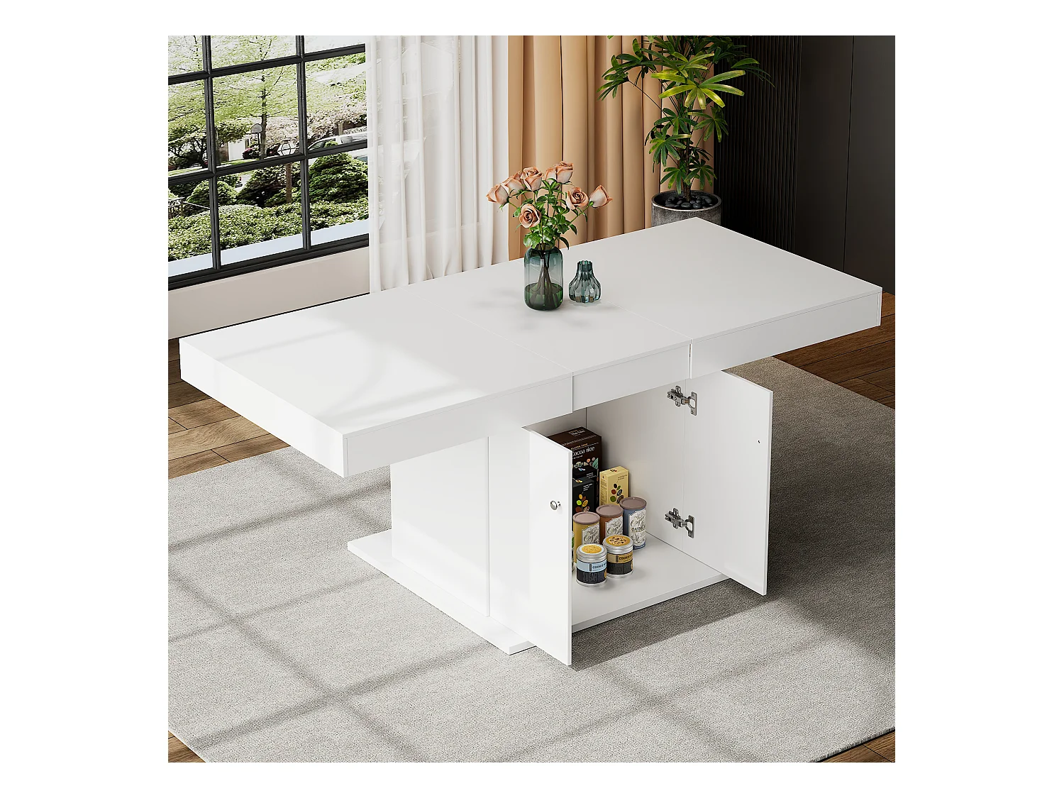 Uitschuifbare eettafel met opbergruimte, automatische functie, spaanplaat, wit, (140/180x80x76 cm)