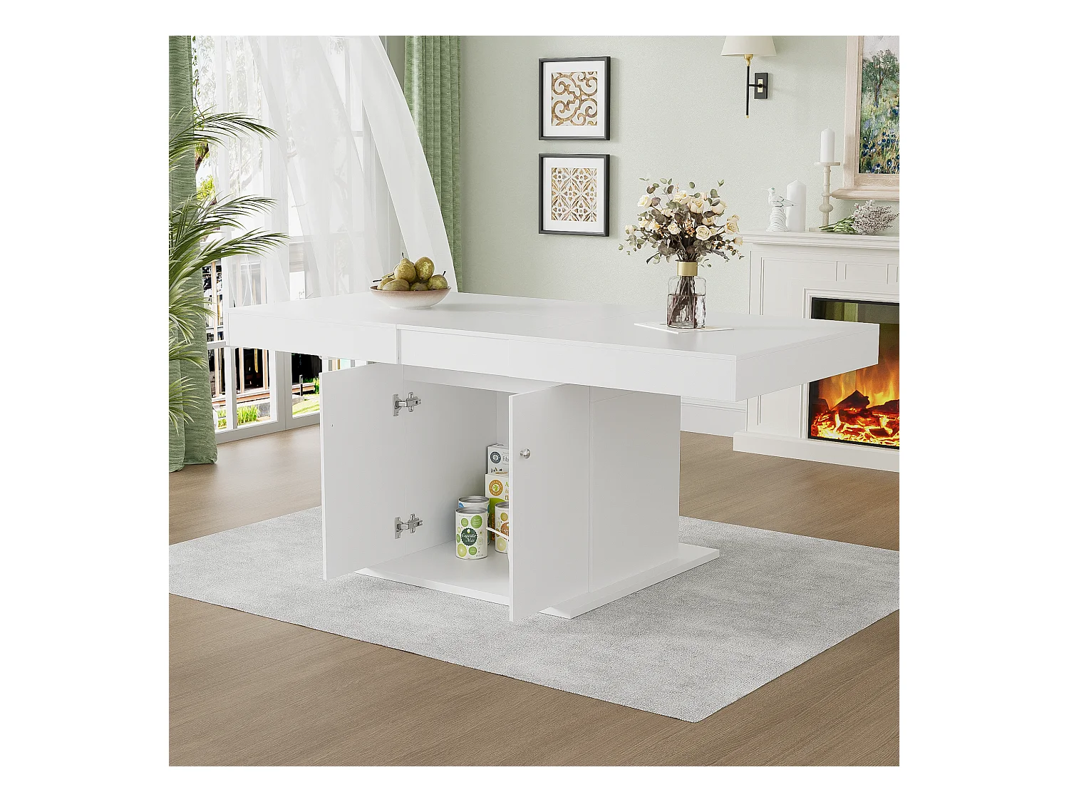 Uitschuifbare eettafel met opbergruimte, automatische functie, spaanplaat, wit, (140/180x80x76 cm)