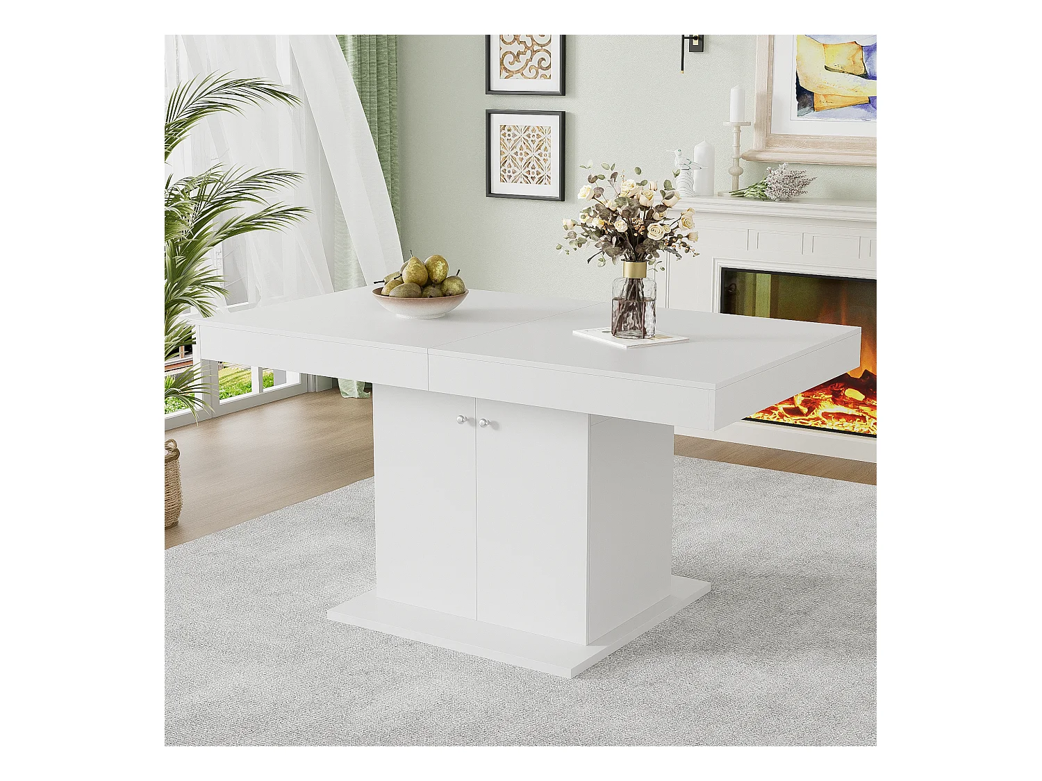 Uitschuifbare eettafel met opbergruimte, automatische functie, spaanplaat, wit, (140/180x80x76 cm)