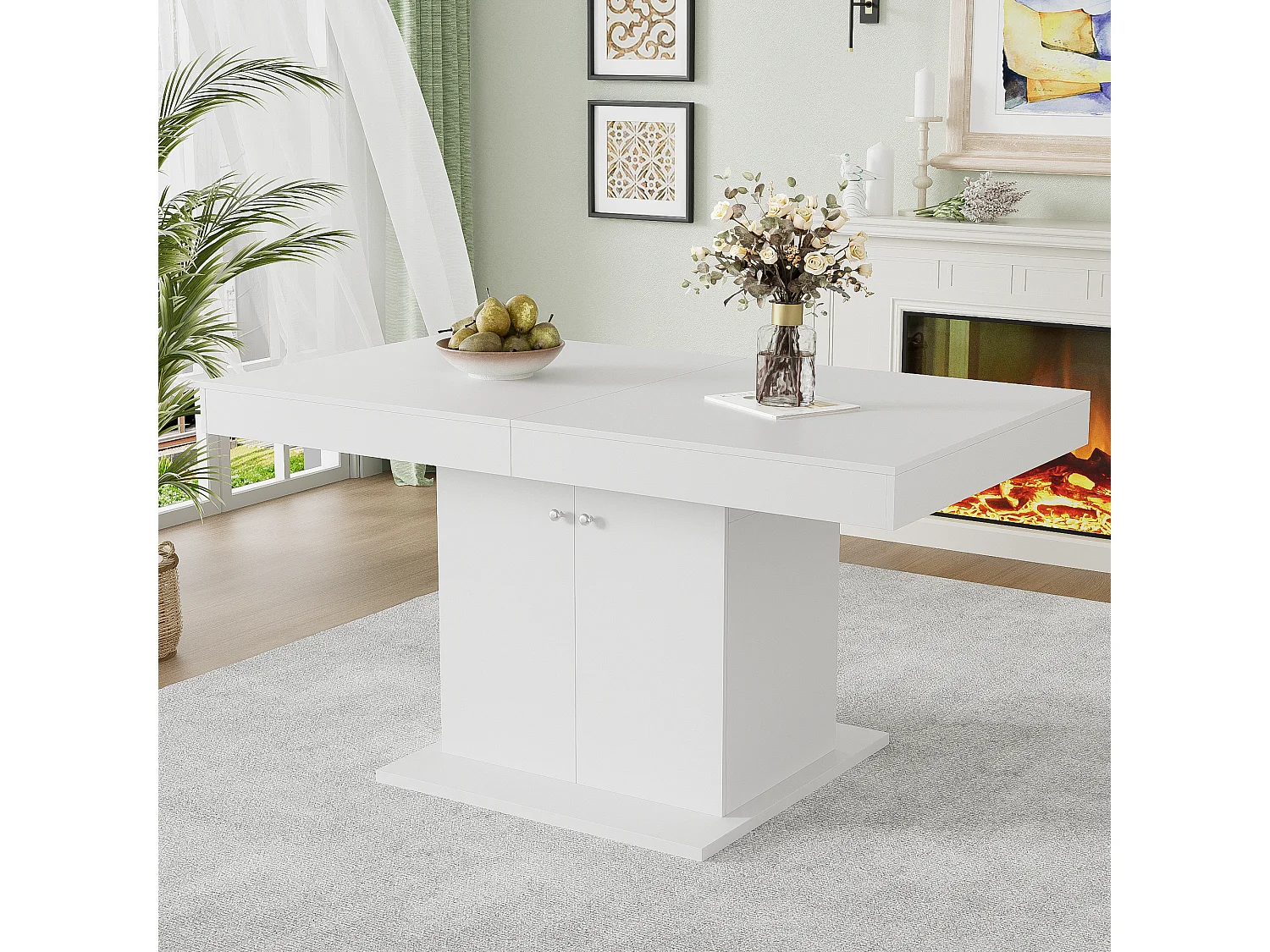 Table à manger extensible avec rangement, fonction automatique, Bois aggloméré, Blanc, (140/180x80x76 cm)