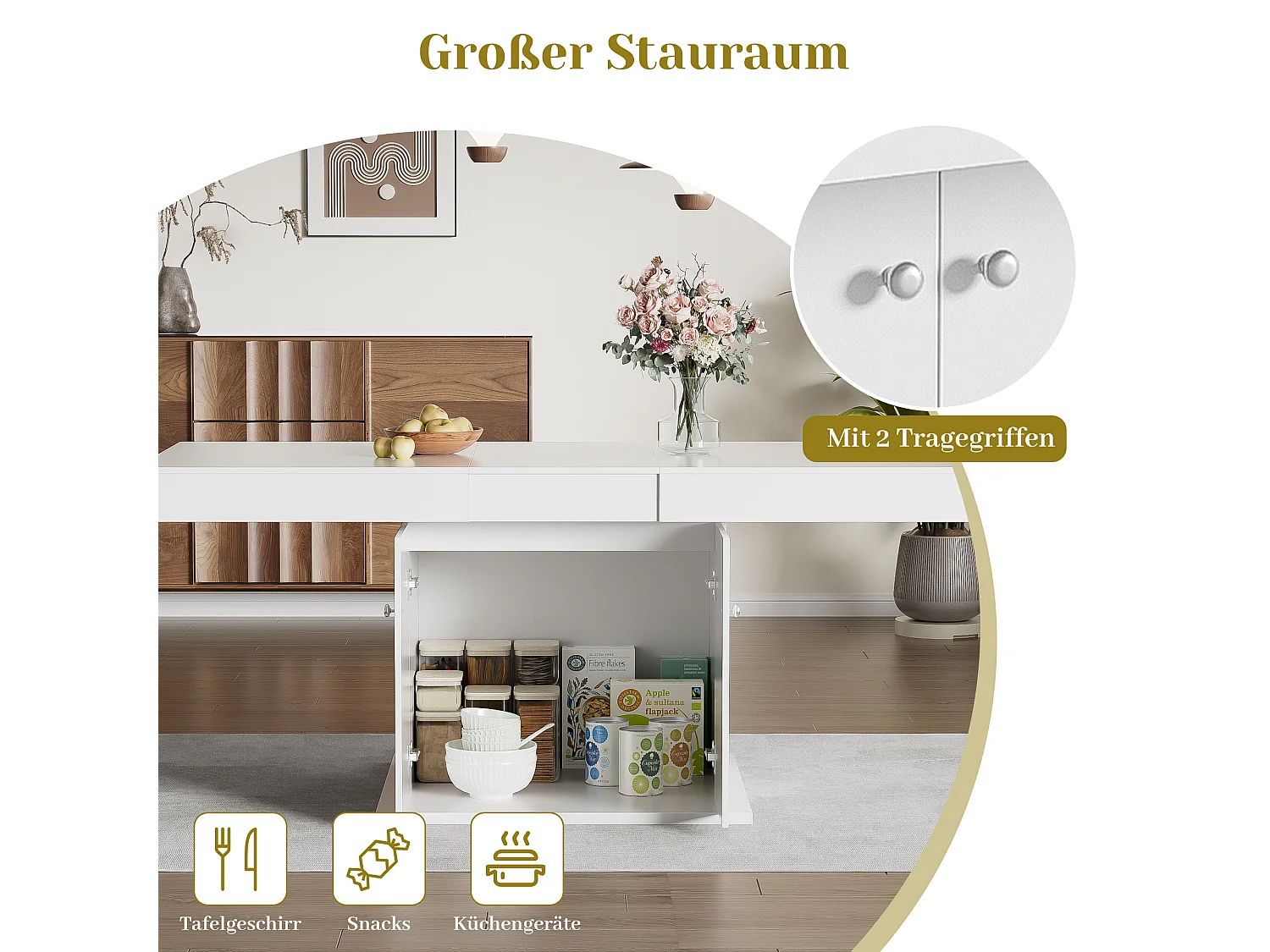 Table à manger extensible avec rangement, fonction automatique, Bois aggloméré, Blanc, (140/180x80x76 cm)