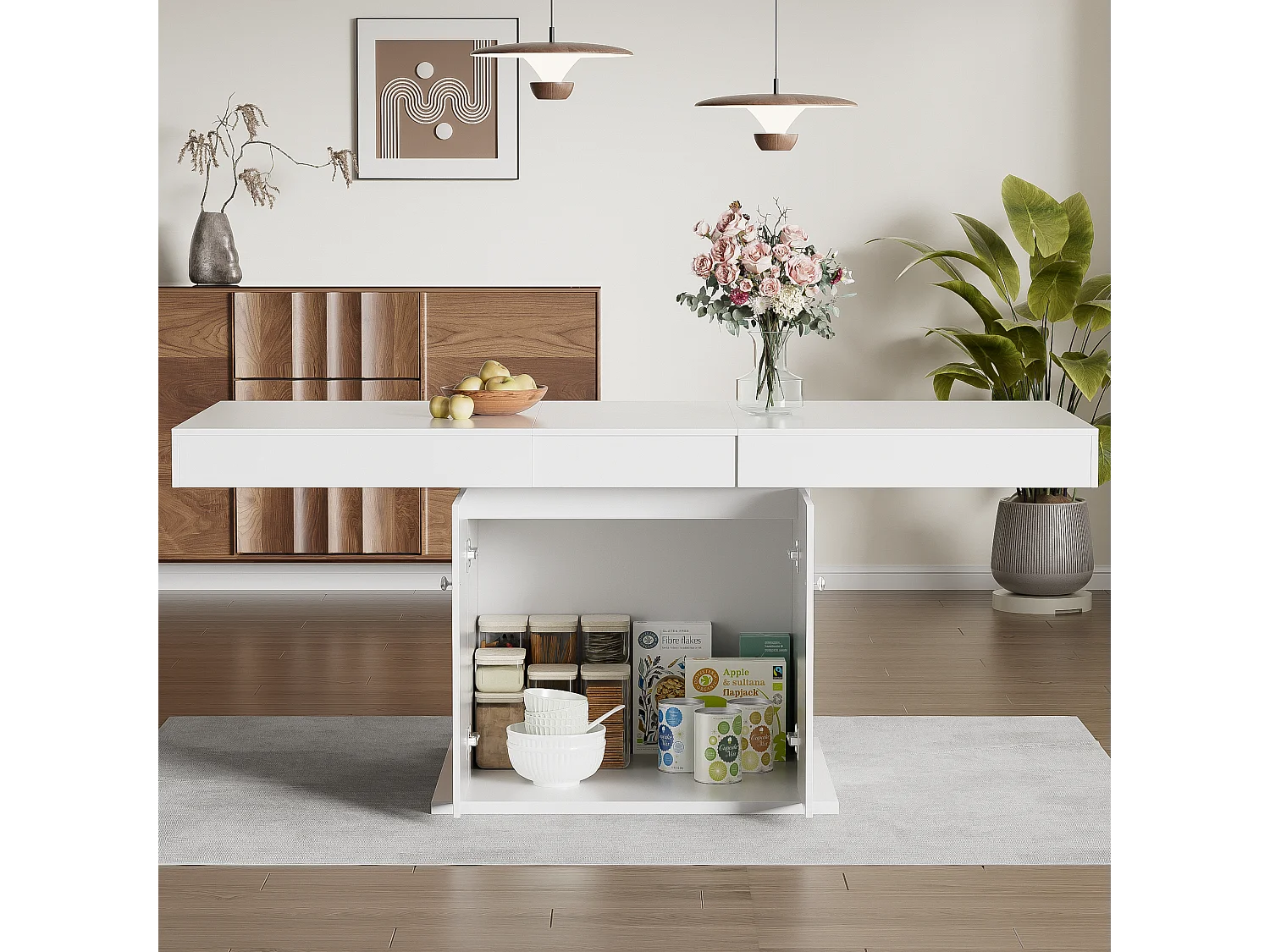 Table à manger extensible avec rangement, fonction automatique, Bois aggloméré, Blanc, (140/180x80x76 cm)