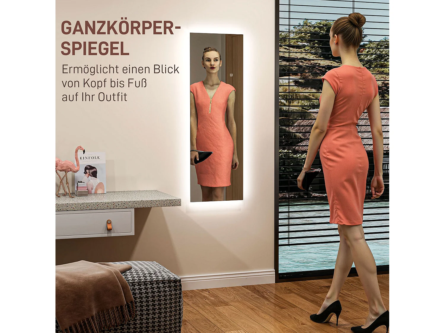 Miroir sur pied LED avec contrôle tactile, sans cadre, verre trempé, transparent (40x3x120cm)