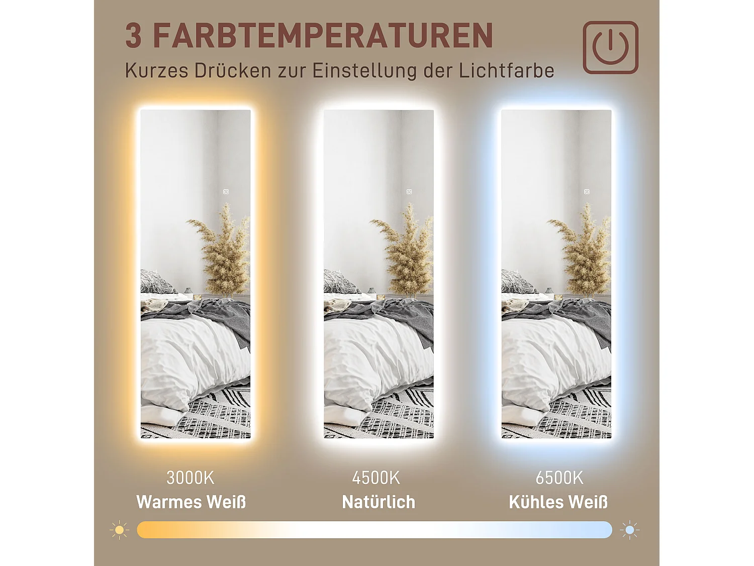 Miroir sur pied LED avec contrôle tactile, sans cadre, verre trempé, transparent (40x3x120cm)