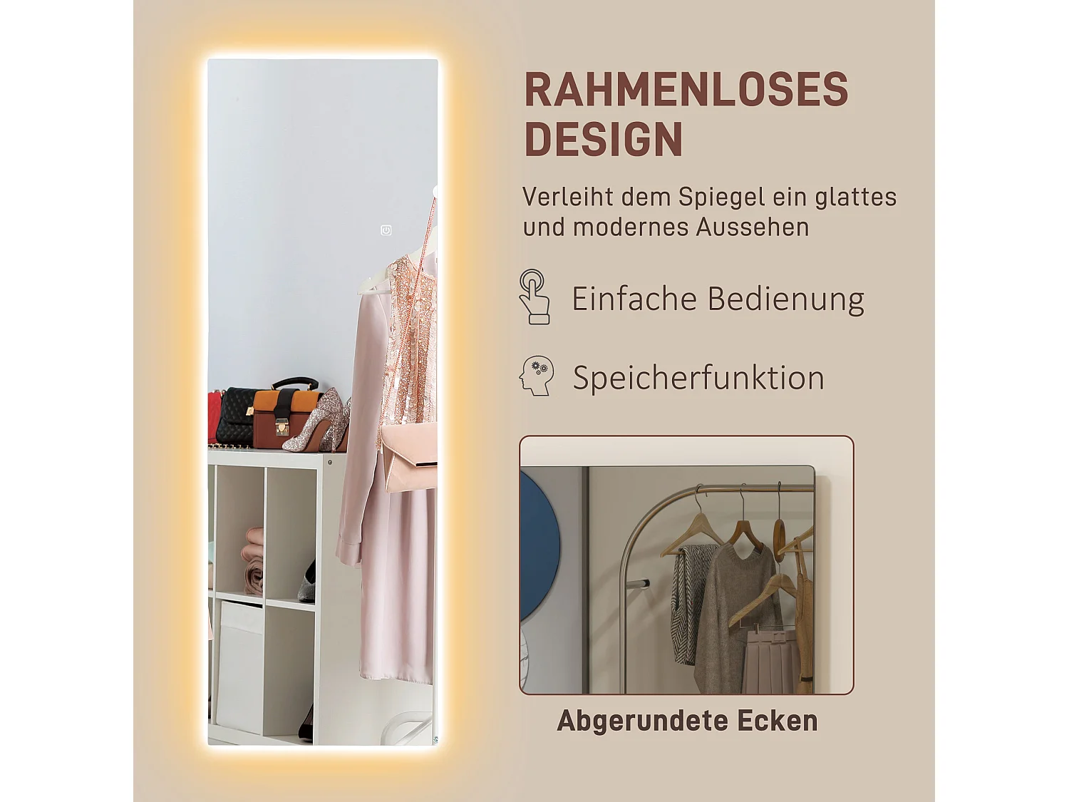 Miroir sur pied LED avec contrôle tactile, sans cadre, verre trempé, transparent (40x3x120cm)