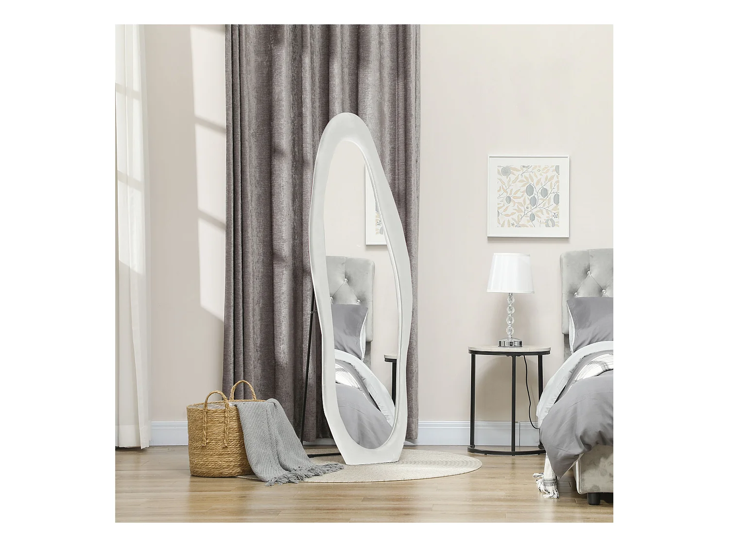 Miroir corporel sur pied, design ondulé, verre, blanc, (50x4x160 cm)