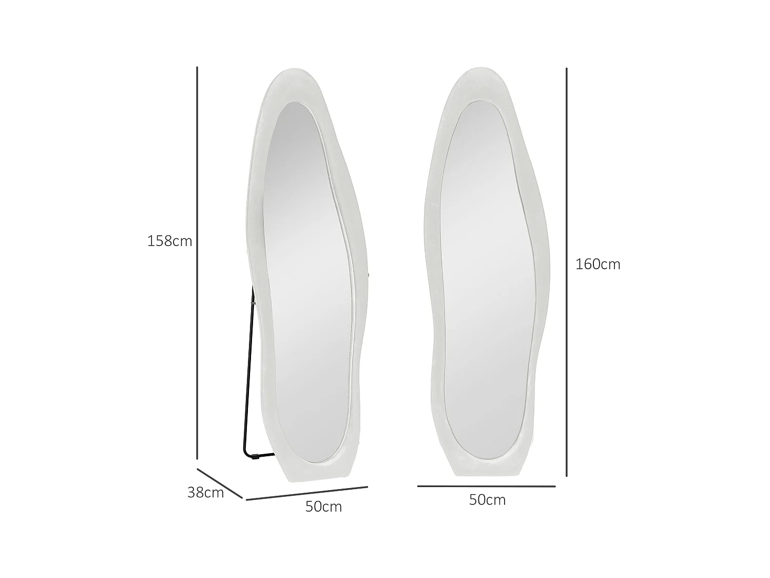 Miroir corporel sur pied, design ondulé, verre, blanc, (50x4x160 cm)