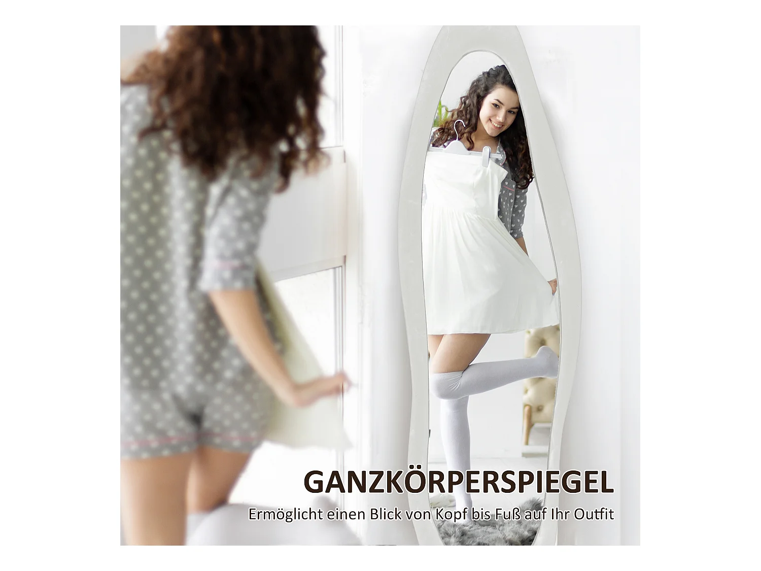 Miroir corporel sur pied, design ondulé, verre, blanc, (50x4x160 cm)