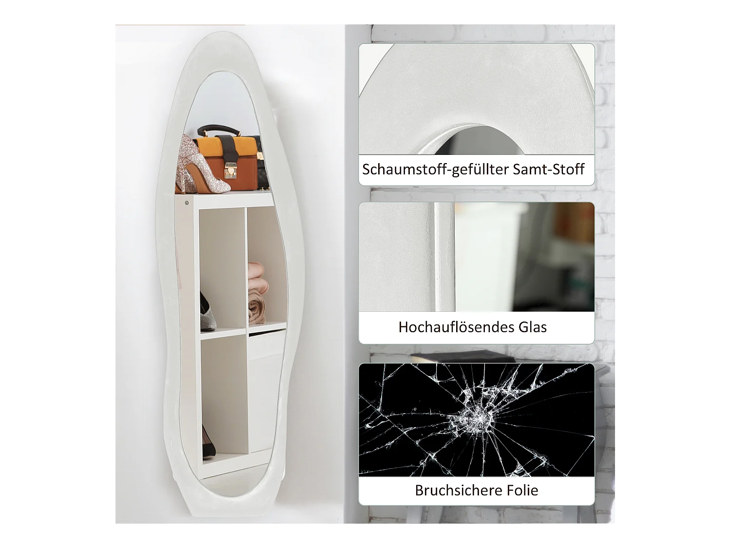 Miroir corporel sur pied, design ondulé, verre, blanc, (50x4x160 cm)