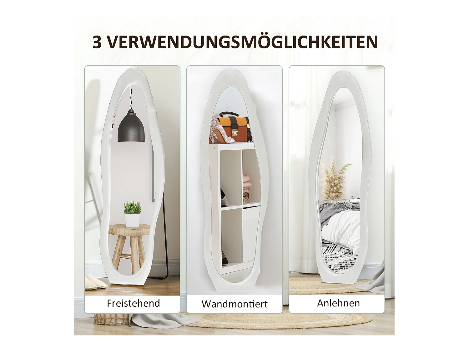 Miroir corporel sur pied, design ondulé, verre, blanc, (50x4x160 cm)