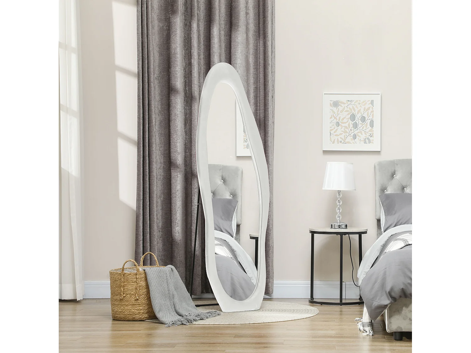 Miroir corporel sur pied, design ondulé, verre, blanc, (50x4x160 cm)