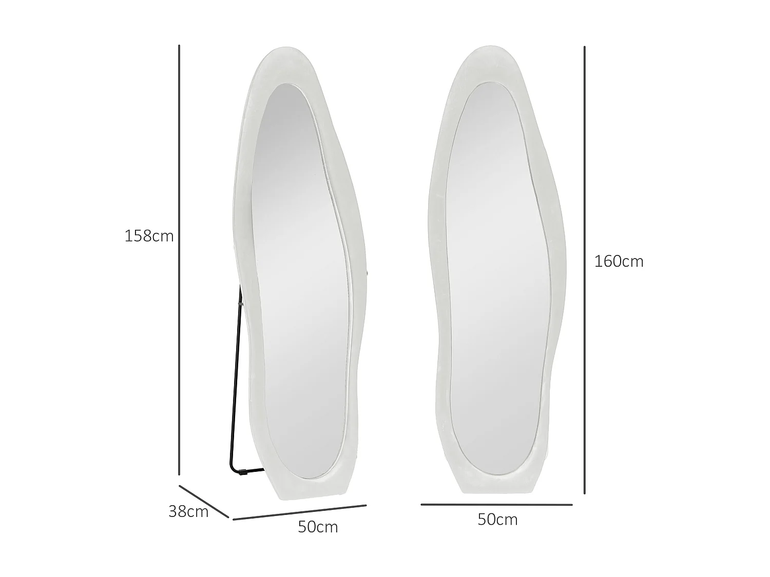 Miroir corporel sur pied, design ondulé, verre, blanc, (50x4x160 cm)