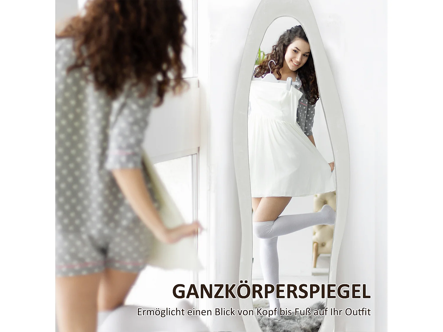 Miroir corporel sur pied, design ondulé, verre, blanc, (50x4x160 cm)