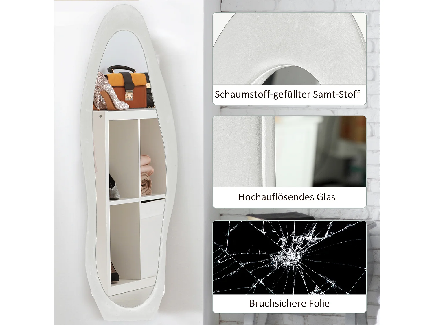Miroir corporel sur pied, design ondulé, verre, blanc, (50x4x160 cm)