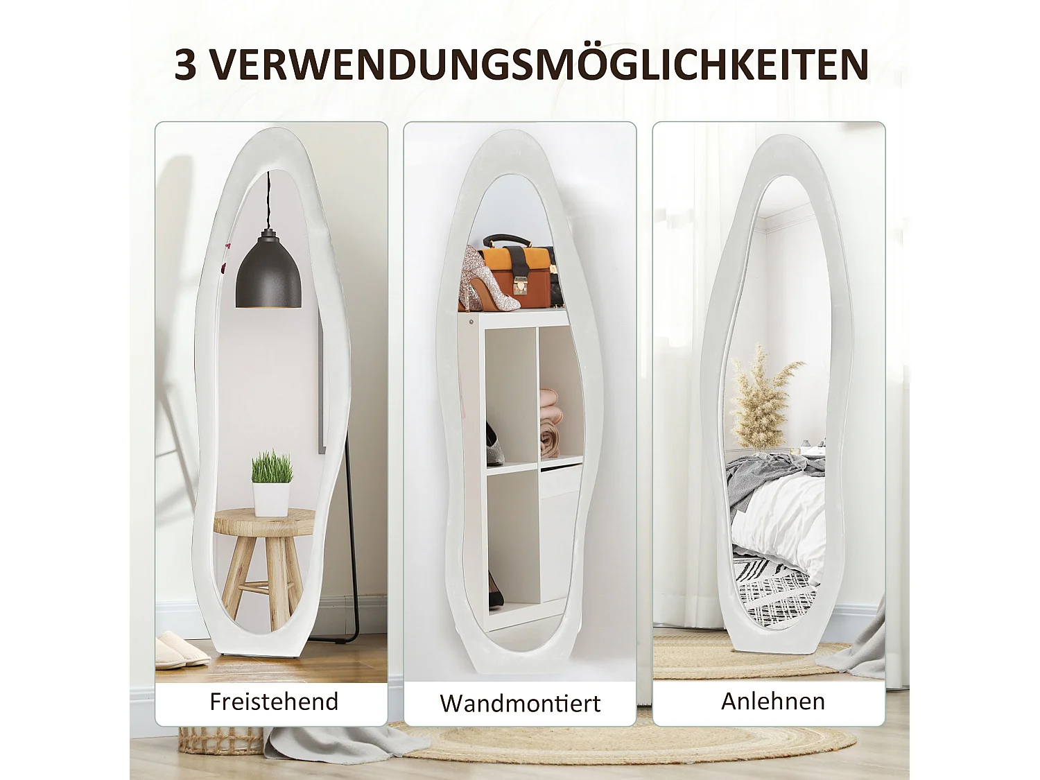 Miroir corporel sur pied, design ondulé, verre, blanc, (50x4x160 cm)