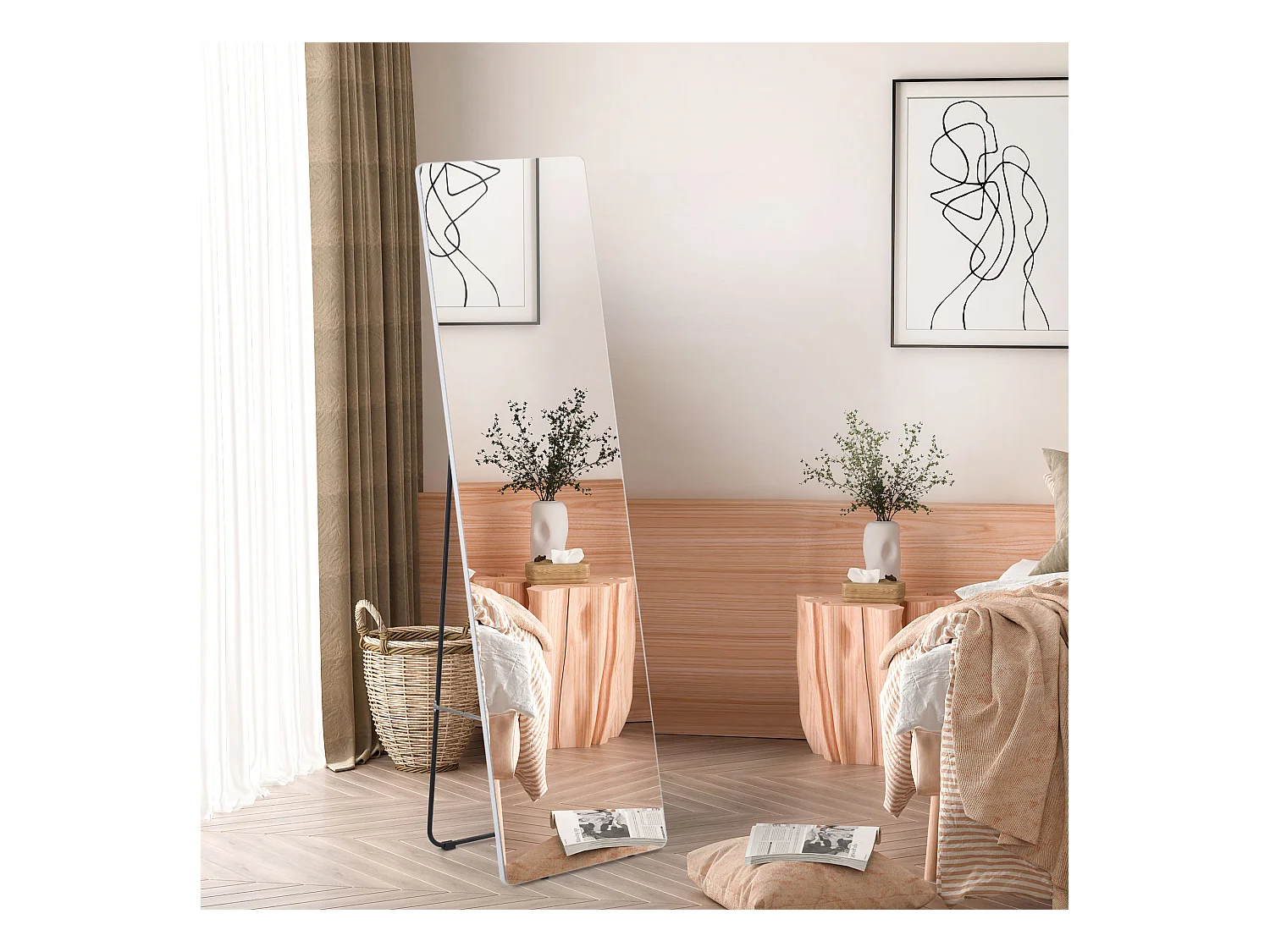 Miroir pleine longueur, cadre aluminium, argenté, support noir, design moderne (45x37x158.5cm)