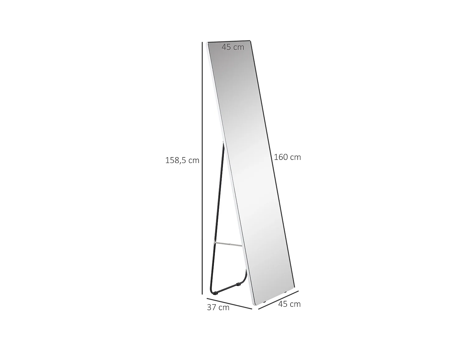 Miroir pleine longueur, cadre aluminium, argenté, support noir, design moderne (45x37x158.5cm)