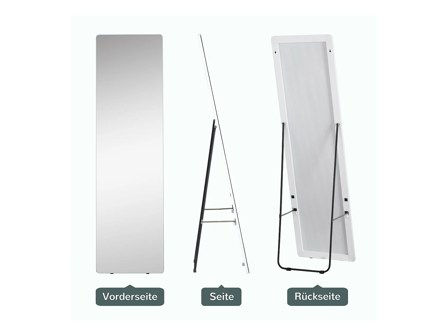 Miroir pleine longueur, cadre aluminium, argenté, support noir, design moderne (45x37x158.5cm)
